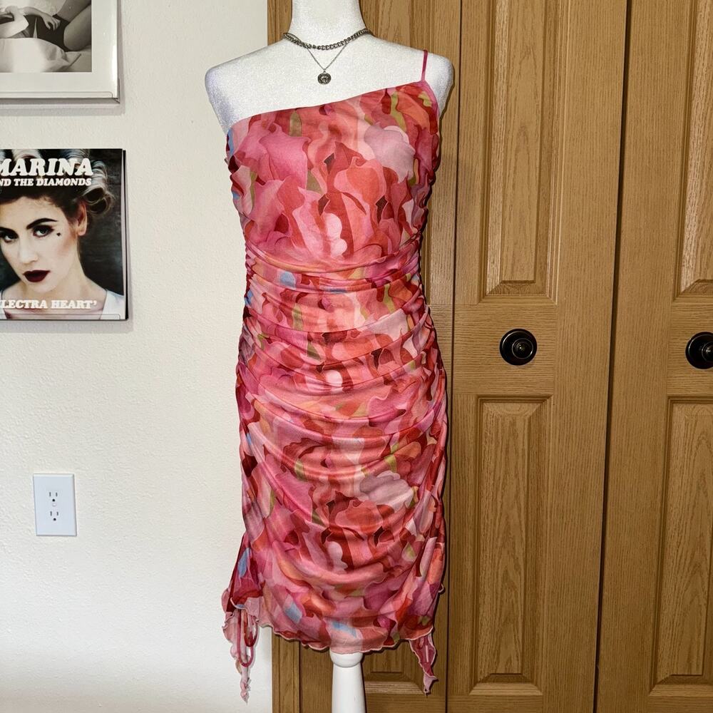 Pretty Garbage One Shoulder Cocktail Dress Womens Large Pink Floral Print Ruched